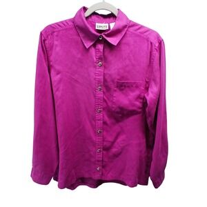 Chico's Design Button‎ Up Shirt Size 1 Magenta Purple Faux Suede Feel Relaxed